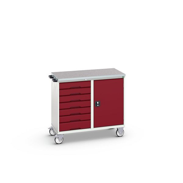 bott verso Montagewagen, mit 7 Schubladen, Tür und Linoleum-Top, BxTxH: 1050 x 600 x 980 mm, Lichtgrau / Purpurrot, 16927126.24
