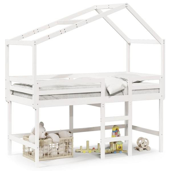 vidaXL Hochbett mit Leiter und Dach Weiß 90x200 cm Massivholz Kiefer, 3282065