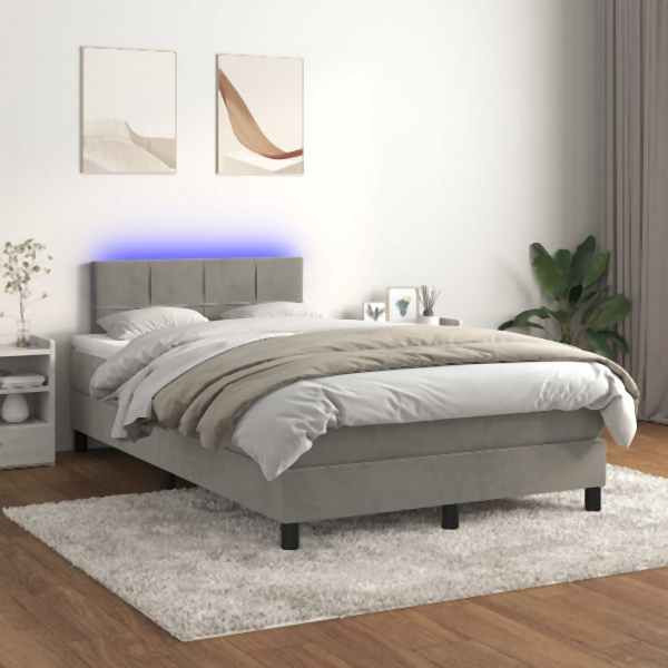 vidaXL Boxspringbett mit Matratze & LED Hellgrau 120x200 cm Samt, 3134393