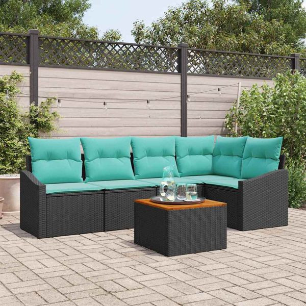 vidaXL Gartensofa-Set mit Kissen 6-teilig Schwarz Poly-Rattan, 3347837