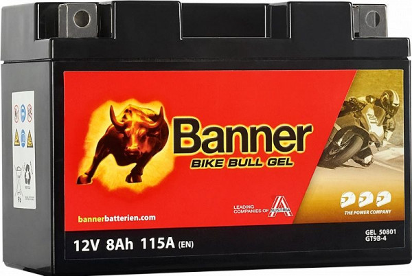 Banner Bike Bull Motorradbatterie Gel 508 01 / GT9B-4, gefüllt und verschlossen, absolut wartungsfrei, 023508010101