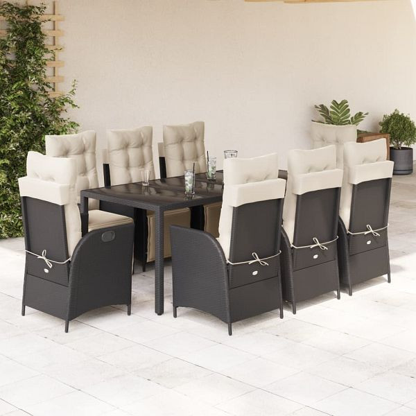 vidaXL 9-tlg. Garten-Essgruppe mit Kissen Schwarz Poly Rattan, 3213319