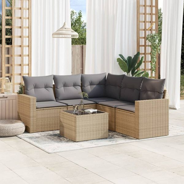 vidaXL 6-teilig Garten-Sofagarnitur mit Kissen Beige Poly Rattan, 3218949