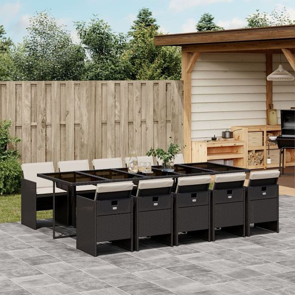 vidaXL 11-teilig Garten-Essgruppe mit Kissen Schwarz Poly Rattan, 3277697