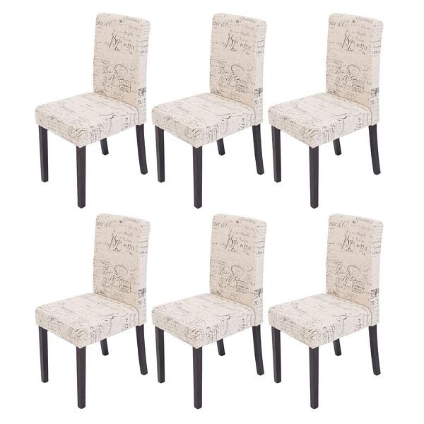 Mendler 6er-Set Esszimmerstuhl Stuhl Küchenstuhl Littau, Textil mit Schriftzug, creme, dunkle Beine, 18714+28639