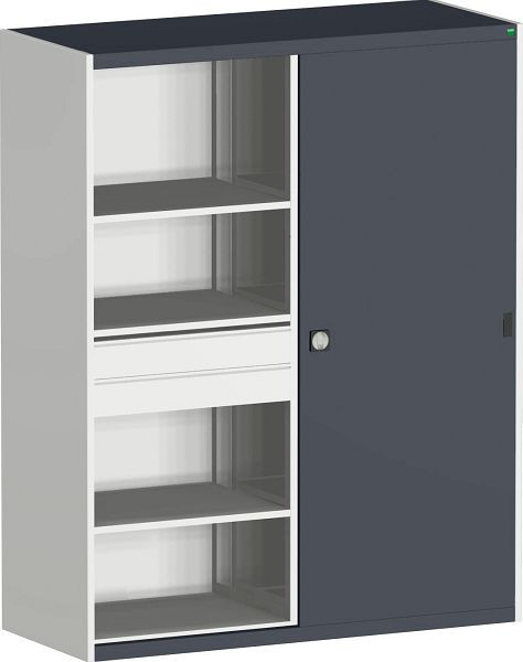 bott cubio Schiebetürenschrank bestückt Trennwand, 4 Schubladen, 7 Fachböden BxTxH: 1600 x 650 x 2000 mm, RAL 7035/7016, 40023015.19V