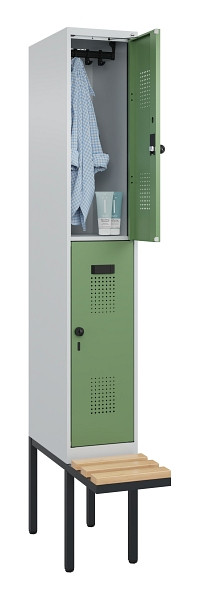 C+P Doppelstock-Spind Evolo PLUS, Bank, 2 Fächer, 2120x300x815mm, 7035/6011, Drehriegel, Sitzfläche Buche-Hartholz, 0493407-10 S10010