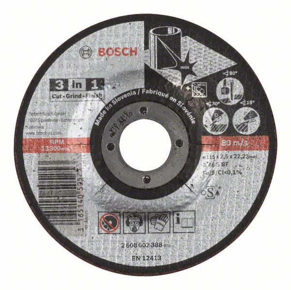 Bosch Trennscheibe 3-in-1 A 46 S BF, gekröpft, 115 mm, 2,5 mm, VE: 25 Stück, 2608602388
