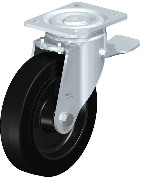 Blickle LH-POEV 200R-ST Stahlblech-Lenkrolle, Schwerlast-Ausführung, mit Anschraubplatte & Feststeller, Elastik-Vollgummi, Schwarz, 51003