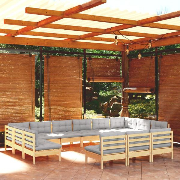 vidaXL 13-teilig Garten-Lounge-Set mit Grauen Kissen Kiefer Massivholz, 3097234