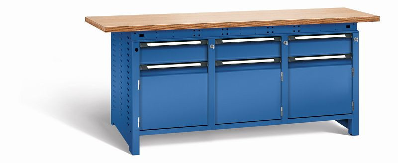 Otto Kind Werkbank Serie function Typ 309, Multiplexplatte 40 mm, überstehend, 2x Unterbau + mittleres Feld, komplett RAL 5010, 072364213