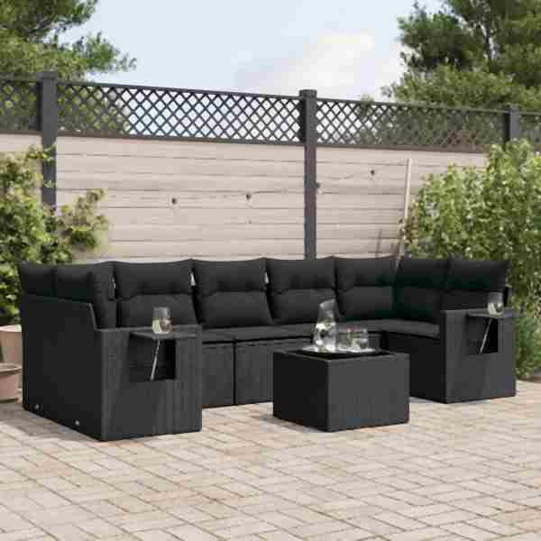 vidaXL 8-tlg. Garten-Sofagarnitur mit Kissen Schwarz Poly Rattan, UV-beständig, 3219934