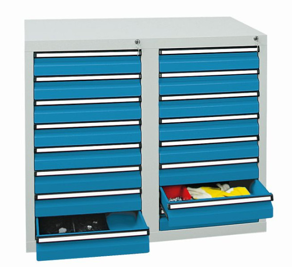 stumpf Schubladenschrank, Breite 100 cm, 100 % Teleskopauszüge, 40 kg / Schublade, 16 Schubladen, lichtgrau / lichtblau, 7102178