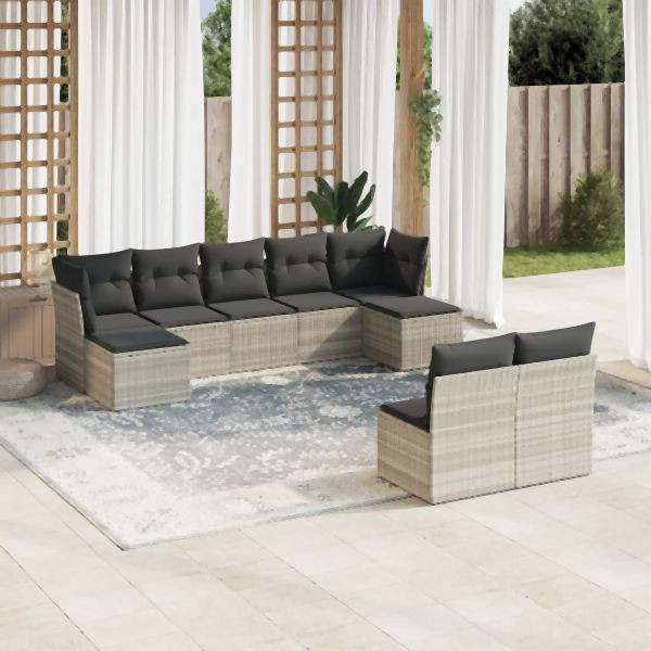 vidaXL 9-tlg. Garten-Sofagarnitur mit Kissen Hellgrau Poly Rattan, 3218272