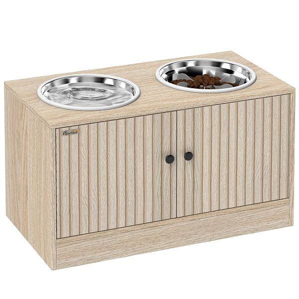 PawHut Hundefutterstation mit 2 Edelstahl-Näpfen, Schrank für Utensilien, für große Hunde, Zubehör, Holz, D08-085V00AK