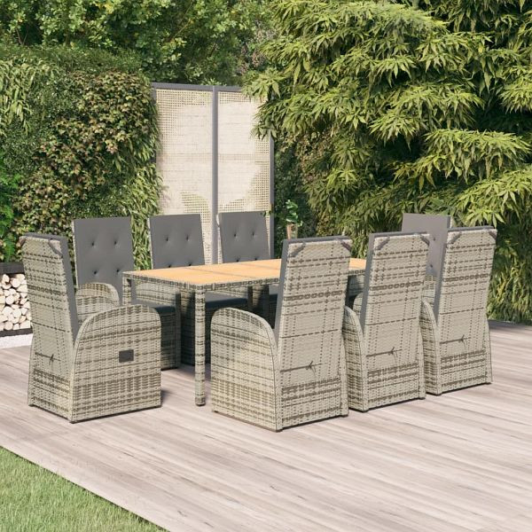 vidaXL 9-teilig Garten-Essgruppe mit Kissen Grau Poly Rattan, 3157589