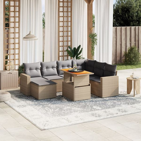 vidaXL 8-tlg. Garten-Sofagarnitur mit Kissen Beige Poly Rattan, 3271430