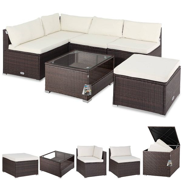 casaria Polyrattan Ecklounge Braun/Creme mit Polyrattan Auflagenbox Braun, 997635