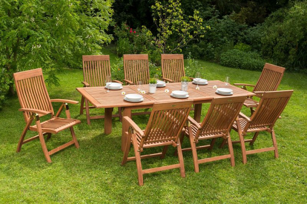 Merxx Comodoro Set 9-teilig, 8 Comodoro Klappsessel, 5-fach verstellbar, 1 Doppelausziehtisch 180 (220/260) x 100 cm, FSC Eukalyptus, 50005-011