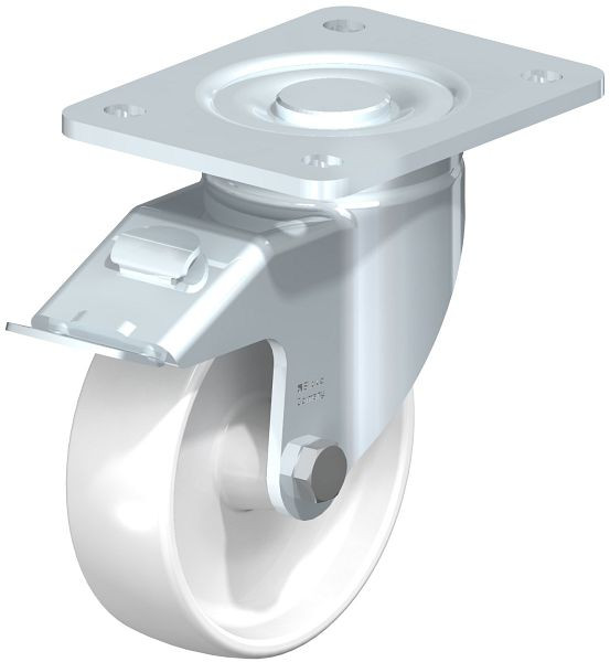 Blickle LH-PO 125G-3-FI Stahlblech-Lenkrolle, Schwerlast-Ausführung, mit Anschraubplatte & Feststeller, Polyamid, Weiß, 617753