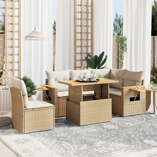 vidaXL 6-tlg. Garten-Sofagarnitur mit Kissen Beige Poly Rattan, UV-beständig, 3273522