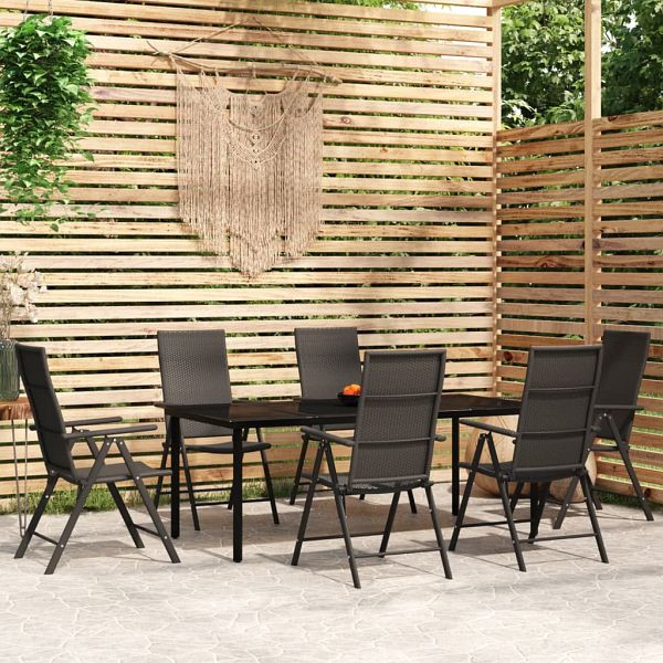vidaXL 7-teilig Garten-Essgruppe Schwarz, Material: PE-Rattan, Aluminium mit Pulverbeschichtung, 3099105