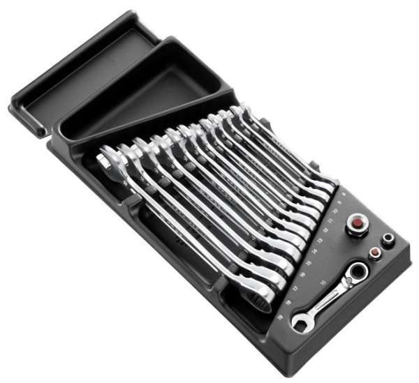 Facom Kunststoffmodul mit 13 Knarren-Ring-Gabelschlüsseln und Zubehör, MOD.467BJ13PB