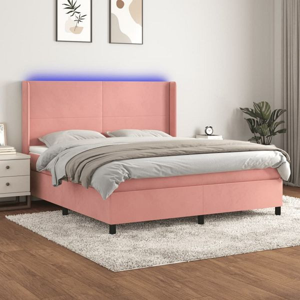vidaXL Boxspringbett mit Matratze & LED Rosa 160x200 cm Samt, 3139456