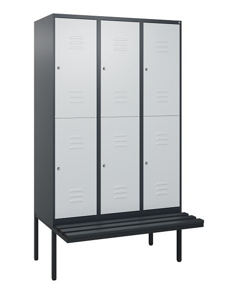 C+P Doppelstöckiger Spind Classic PLUS, 3 Abteile, 2120x1200x815mm, 7016/7035, Zylinderschlösser, schwebende Sitzfläche, 0803407-32 S10028