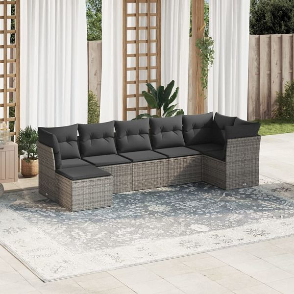 vidaXL 7-tlg. Garten-Sofagarnitur mit Kissen Grau Poly Rattan, 3249809
