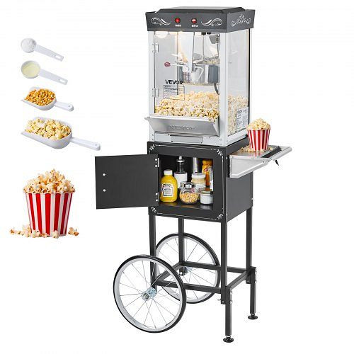 VEVOR Popcornmaschine mit Kessel & Wagen, 800 W, 48 Tassen/Ladung, 2-Tasten-Bedienung, Glaswand, PC-Tür, Schwarz, CSBMHJHS8OZWX2BT6001V2