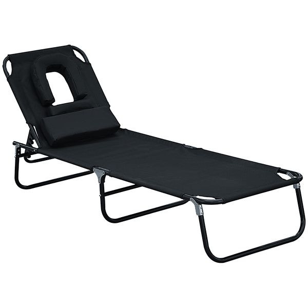 Outsunny Sonnenliege klappbar Gartenliege mit Kopfkissen Liegestuhl mit 4-Fach verstellbare Rückenlehne Campingliege mit Lesefenster Gartenstuhl, 01-0342