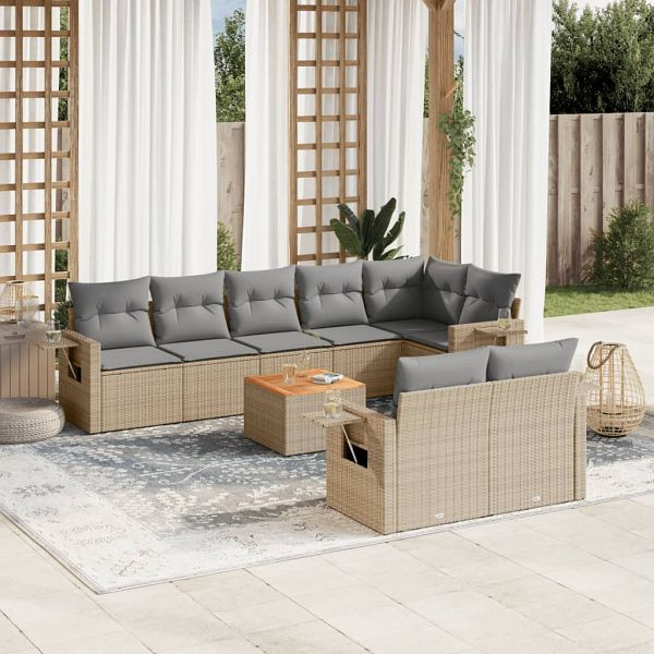 vidaXL 9-teilig Garten-Sofagarnitur mit Kissen Beige Poly Rattan, 3224652
