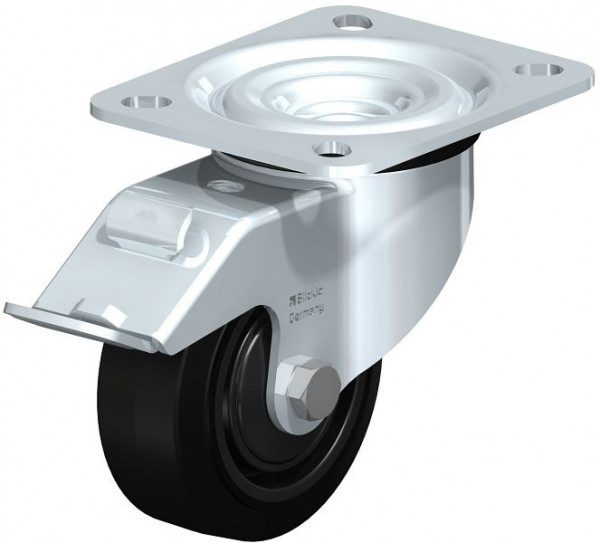 Blickle L-POEV 80K-FI Stahlblech-Lenkrolle, mittelschwere Ausführung, mit Anschraubplatte & Feststeller, Elastik-Vollgummi, Schwarz, 754971