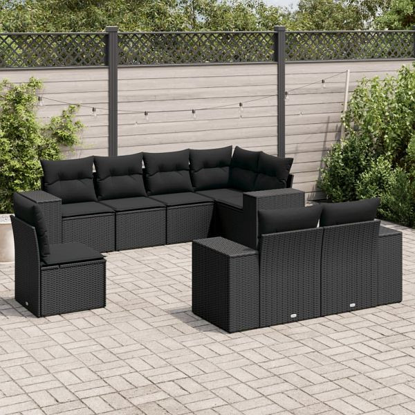 vidaXL 8-teilig Garten-Sofagarnitur mit Kissen Schwarz Poly Rattan, 3222834