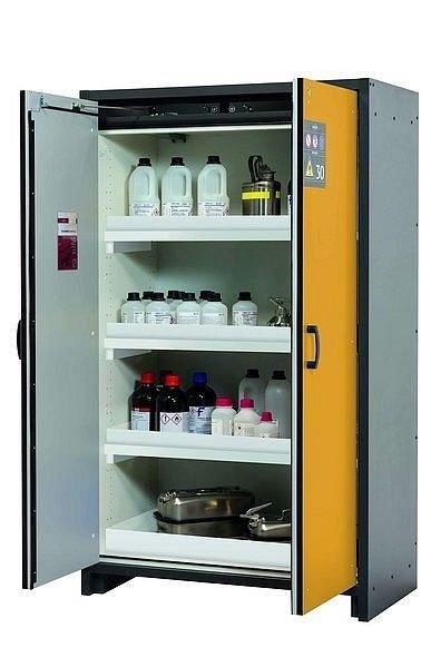 asecos Sicherheitsschrank Q-CLASSIC-30, Q30.195.116 in sicherheitsgelb RAL 1004 mit 3x Wannenboden Standard (Polypropylen), 31003-060-30013
