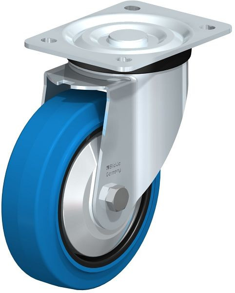 Blickle L-POEV 160KD-SB-FA Stahlblech-Lenkrolle, mittelschwere Ausführung, mit Anschraubplatte, Elastik-Vollgummi, Blau, 749363