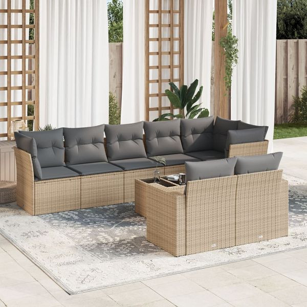 vidaXL 9-teilig Garten-Sofagarnitur mit Kissen Beige Poly Rattan, 3219219