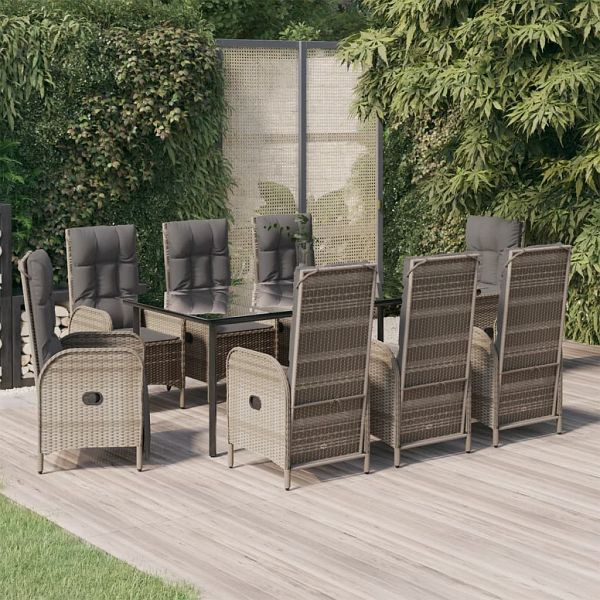vidaXL 9-tlg. Garten-Essgruppe mit Kissen Schwarz und Grau Poly Rattan, 3185206