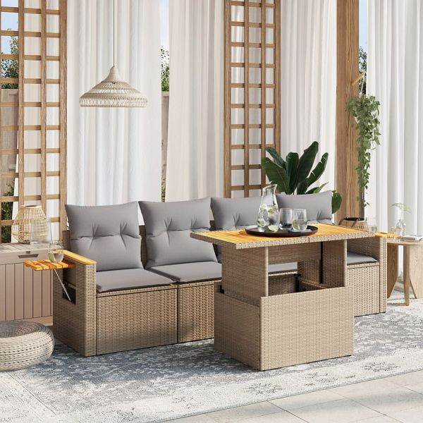 vidaXL 5-teilig Garten-Sofagarnitur mit Kissen Beige Poly Rattan, 3273397