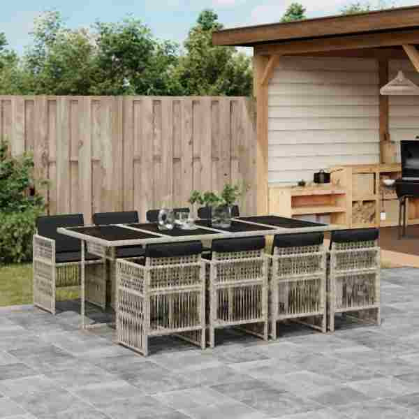 vidaXL 9-tlg. Garten-Essgruppe mit Kissen Hellgrau Poly Rattan, UV-beständig, 3210923