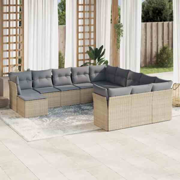 vidaXL 12-tlg. Garten-Sofagarnitur mit Kissen Beige Poly Rattan, UV-beständig, 3218629