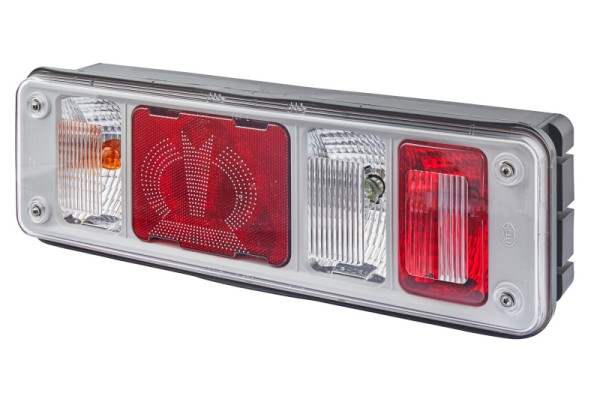 HELLA Heckleuchte "Krone", Hybrid, 24V, Anbau/geschraubt, Lichtscheibenfarbe: glasklar, EasyConn 1 x 7/EasyConn 4 x 2, Male, links, 2VP 340 961-511