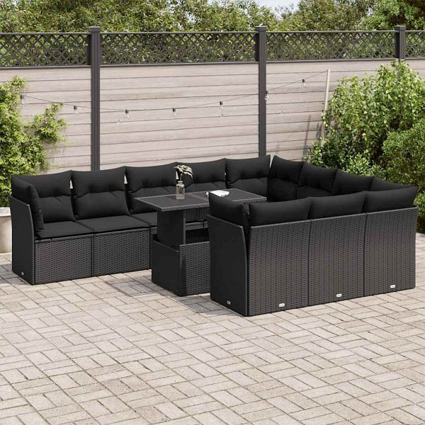 vidaXL 11-tlg. Garten-Sofagarnitur mit Kissen Schwarz Poly Rattan, 3326226