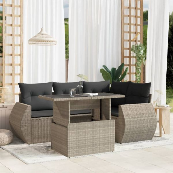 vidaXL 5-tlg. Garten-Sofagarnitur mit Kissen Hellgrau Poly Rattan, 3268512