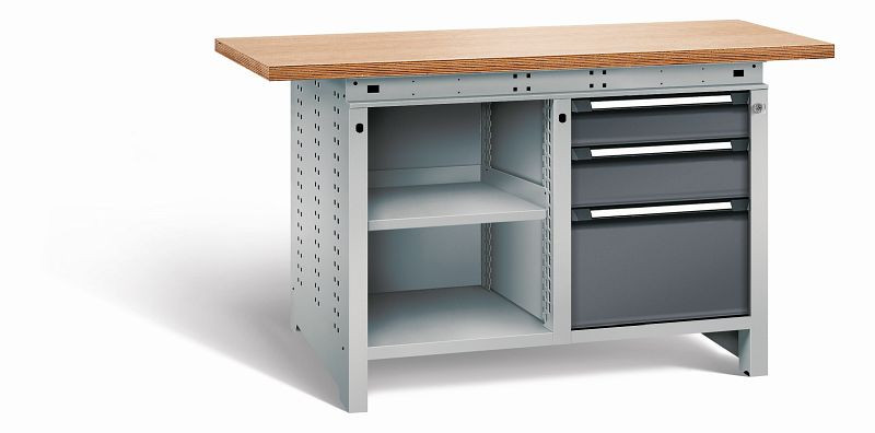 Otto Kind Werkbank Serie function Typ 212, Multiplexplatte, überstehend, 2x Unterbau, 1x Zentralverschluss, Gehäuse RAL 9006, Front RAL 7016, 07234224S