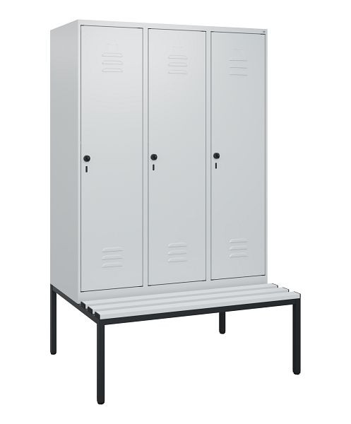 C+P Umkleidespind Classic PLUS, mit untergebauter Sitzbank, 3 Abteile, 1950x1200x815mm, 7035/7035, Drehriegel, 0800505-32 S10039