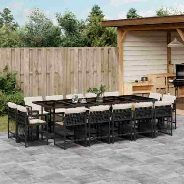 vidaXL 15-tlg. Garten-Essgruppe mit Kissen Schwarz Poly Rattan, UV-beständig, 3211770
