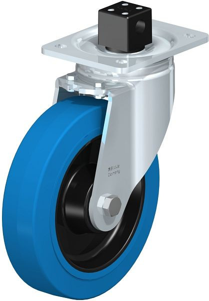 Blickle LH-POEV 200K-CS13-SB Stahlblech-Lenkrolle, Schwerlast-Ausführung, mit Anschraubplatte & Zentralfeststeller, Elastik-Vollgummi, Blau, 851919