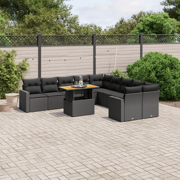 vidaXL 11-teilig Garten-Sofagarnitur mit Kissen Schwarz Poly Rattan, 3271503
